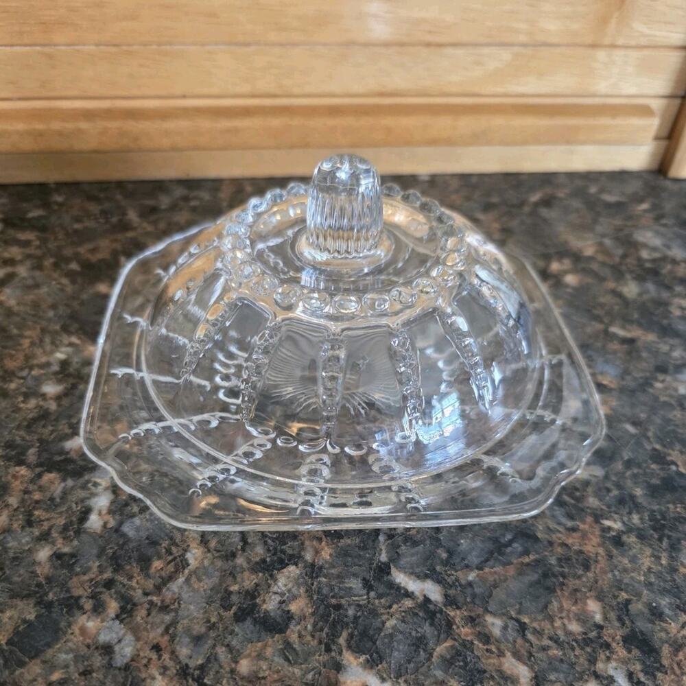 Vintage Clear Glass Covered Butter Dish - Geometric Pattern, Square Lid